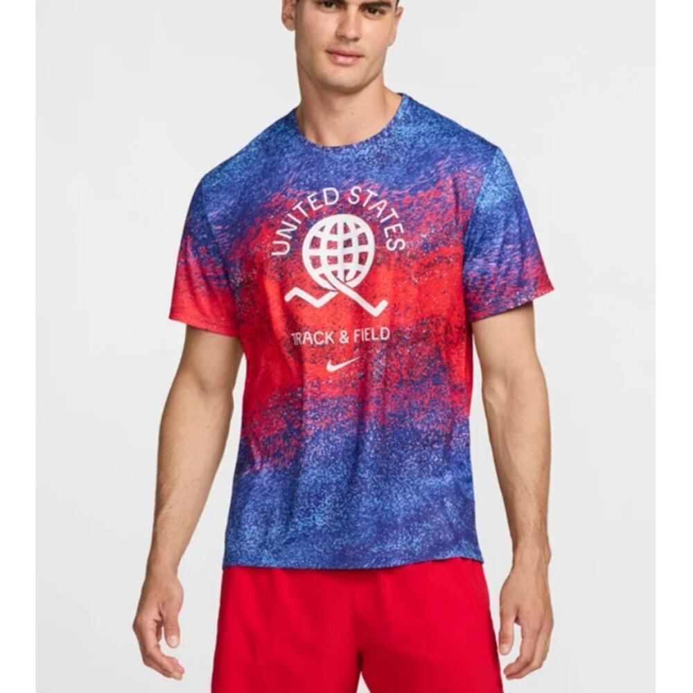 Nike Men's Blue USA Miler Dri-FIT Short-Sleeve Running Top Size M